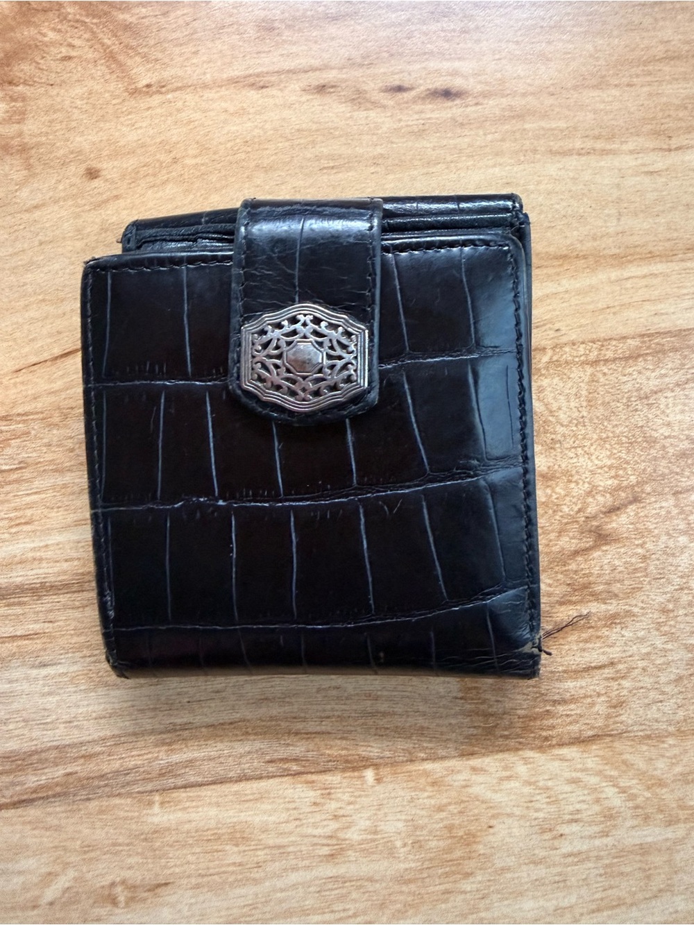 Brighton Black Croc-Embossed Leather Money Clip with Decorative Silver Emblem